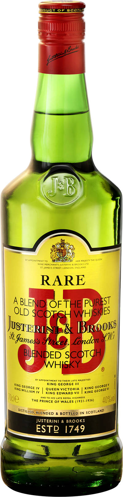 drinks 桌布 壁紙 — 一個高大的綠色J&B Rare調和蘇格蘭威士忌酒瓶，帶有紅色瓶蓋和金色標籤，標籤上有皇家徽章和文字。