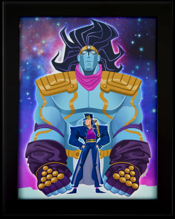 Star Platinum 桌布 壁紙 — 一個高大的藍色動漫巨人，紫色頭髮和金色盔甲，站在一個穿著藍色西裝的較小男人後面，背景是星空宇宙。