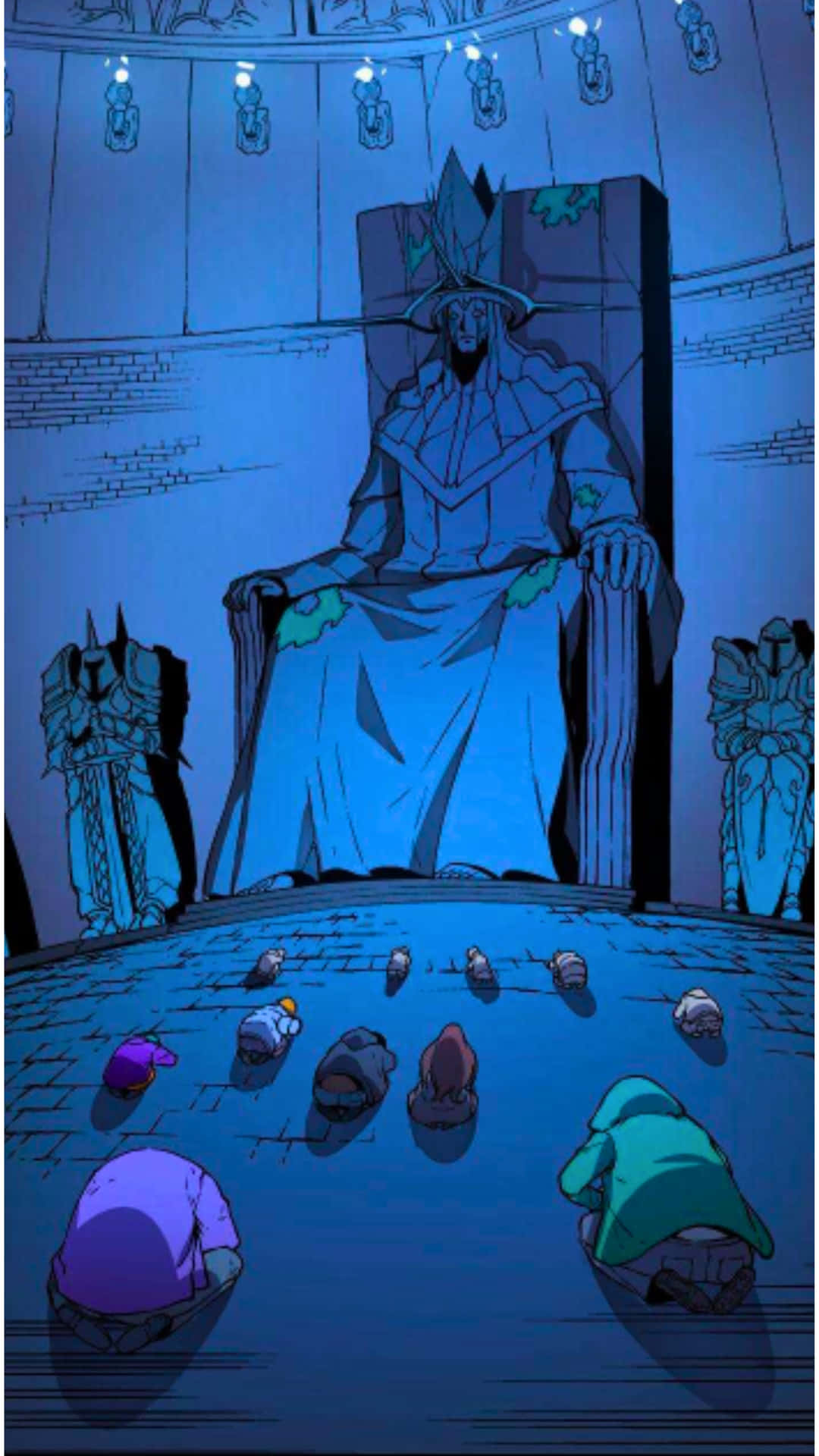 Elder lord 壁紙 — 一個高大的藍袍人物坐在王座上，小人物跪在他們面前，在昏暗的房間裡鞠躬。