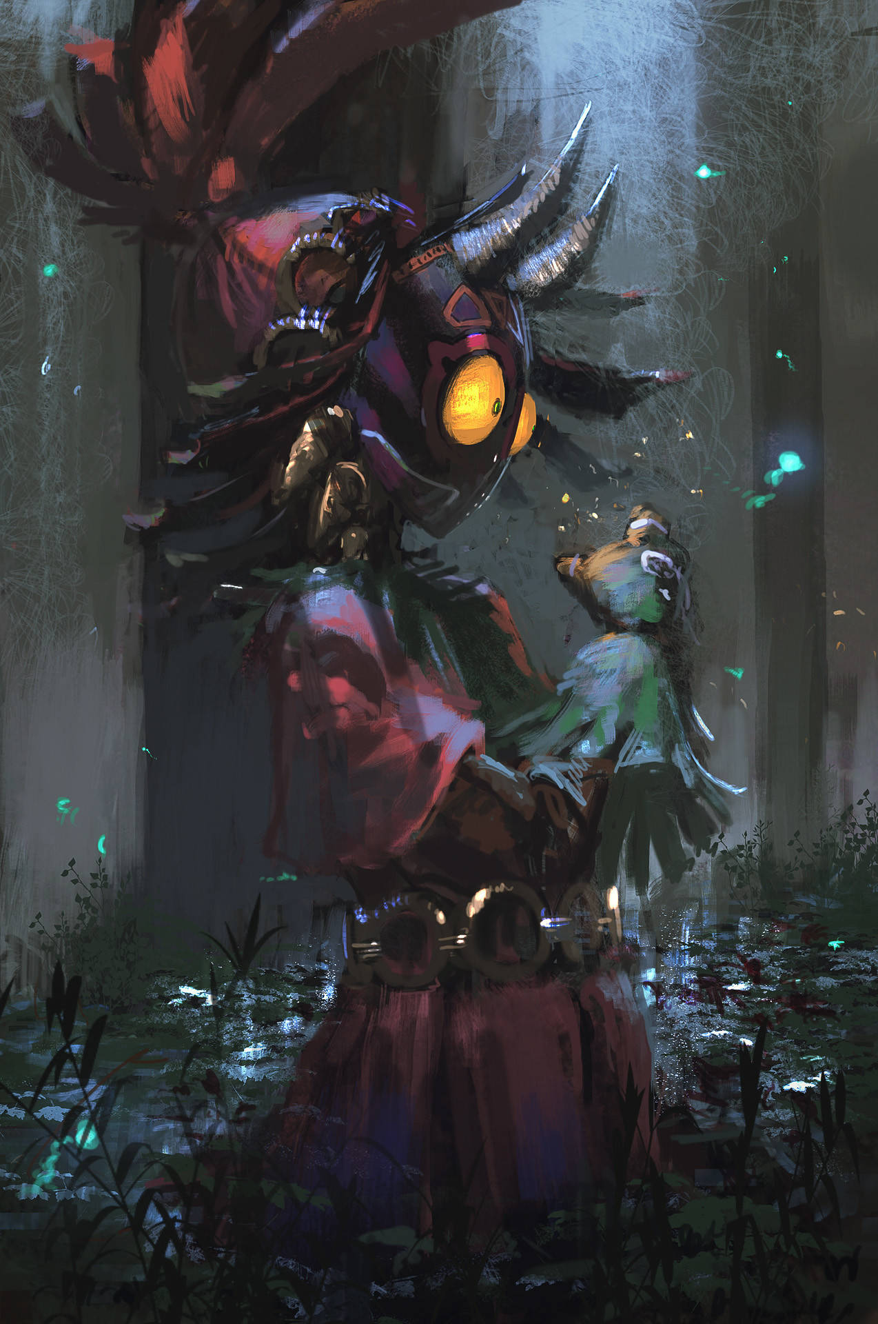 Majora's Mask 桌布 壁紙 — 一個高大的裝甲人物，有著發光的黃色眼睛和紅色斗篷，在霧氣瀰漫的森林中俯視著一個較小的發光人物。