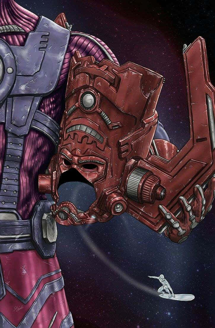 Galactus 桌布 壁紙 — 一個高大的裝甲人物，有著紅色的機械面孔，在星空宇宙中俯視著一個小小的衝浪者。