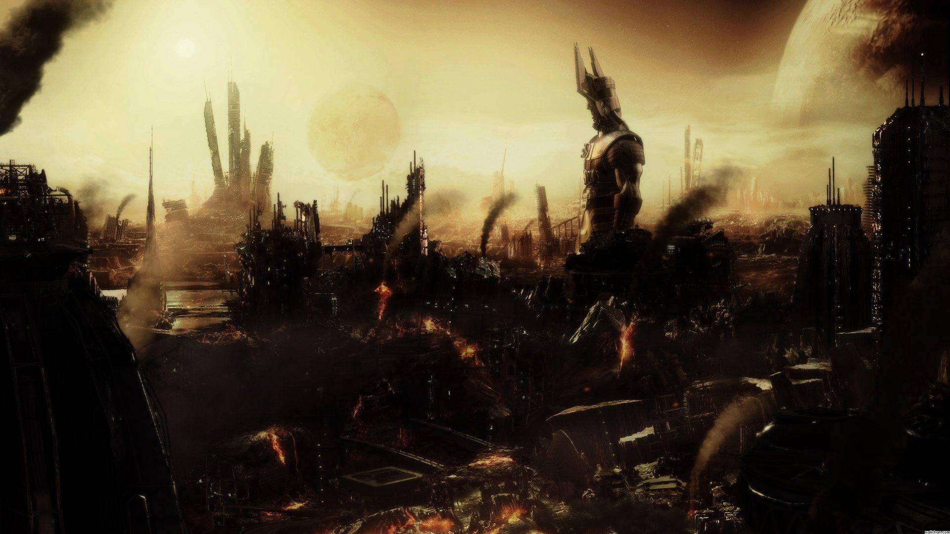 Villains 桌布 壁紙 — 一個高大的裝甲人物站在廢墟般的未來城市景觀中，背景是朦朧的橙色天空和漂浮的天體。