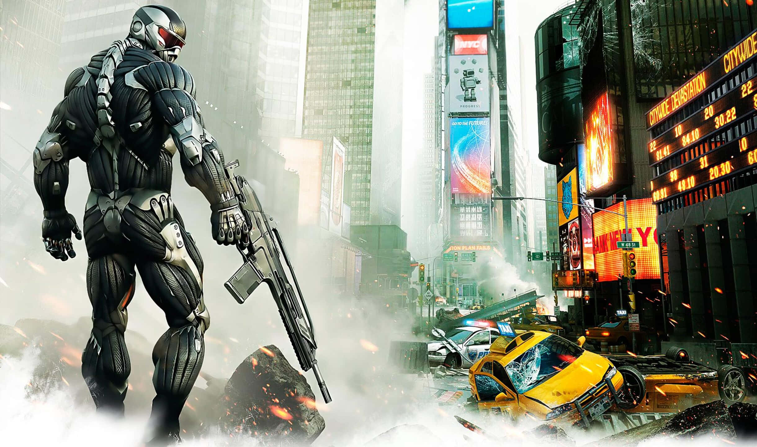 2440x1440 Crysis 3 桌布 壁紙 — 一個高大的裝甲士兵站在煙霧和殘骸中，背景是未來主義的城市景觀，有霓虹燈牌和撞毀的黃色計程車。