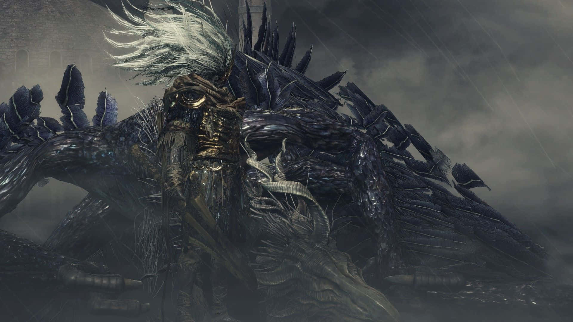 Nameless King 桌布 壁紙 — 一個高大的裝甲惡魔，有著白髮和尖刺翅膀，站在風暴般的黑暗景觀中。