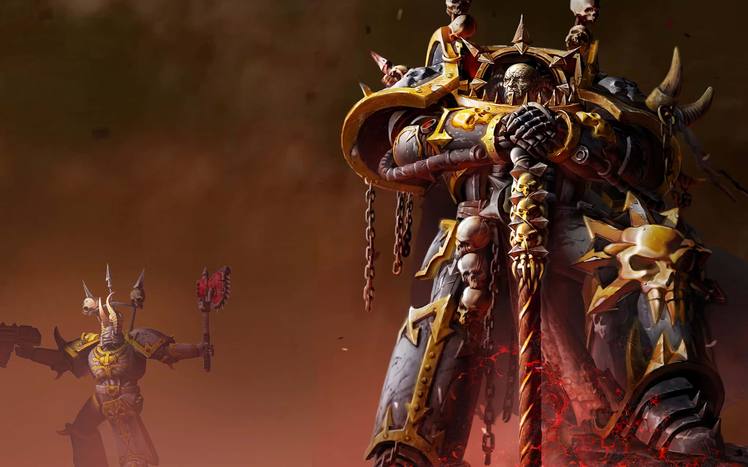 Gaming Profile 桌布 壁紙 — 一個高大的裝甲戰士，帶有頭骨和金色裝飾，威風凜凜地站立，而一個較小的身影揮舞著帶刺的武器，背景是火熱的橙色。