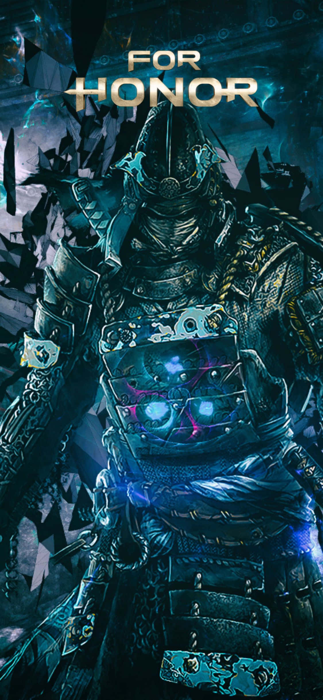 iPhone Xs For Honor 桌布 壁紙 — 一個高大的裝甲戰士，擁有發光的藍色眼睛，站在黑暗奇幻場景中破碎的水晶之間。