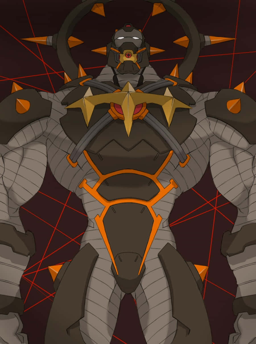 Ira Gamagoori 桌布 壁紙 — 一個高大的裝甲機器人，帶有發光的橙色點綴和尖刺肩膀，站在深紅色網格背景前。