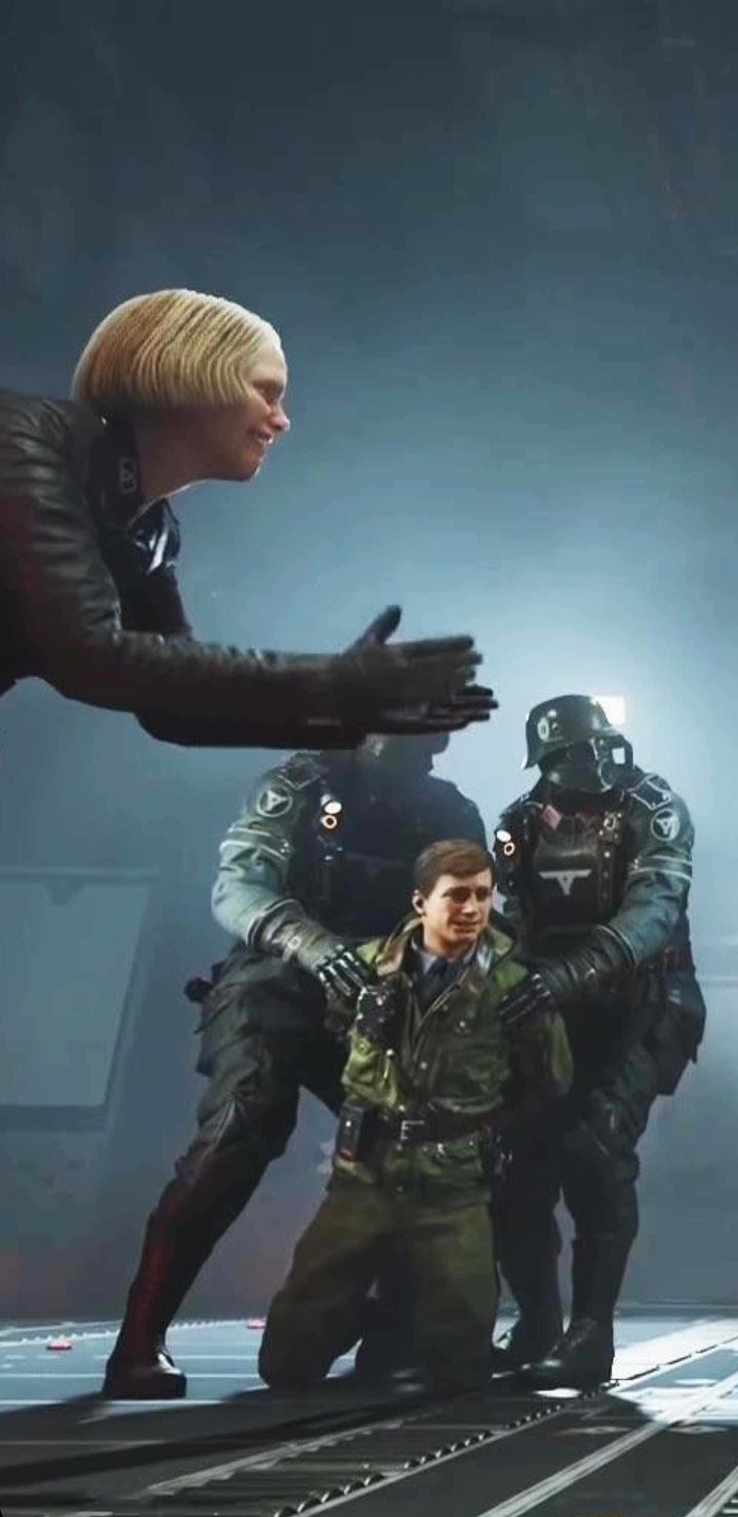 video games 桌布 壁紙 — 一個高大的金髮身影籠罩著一個跪著的男子，兩旁有兩名裝甲守衛，在昏暗的工業環境中。