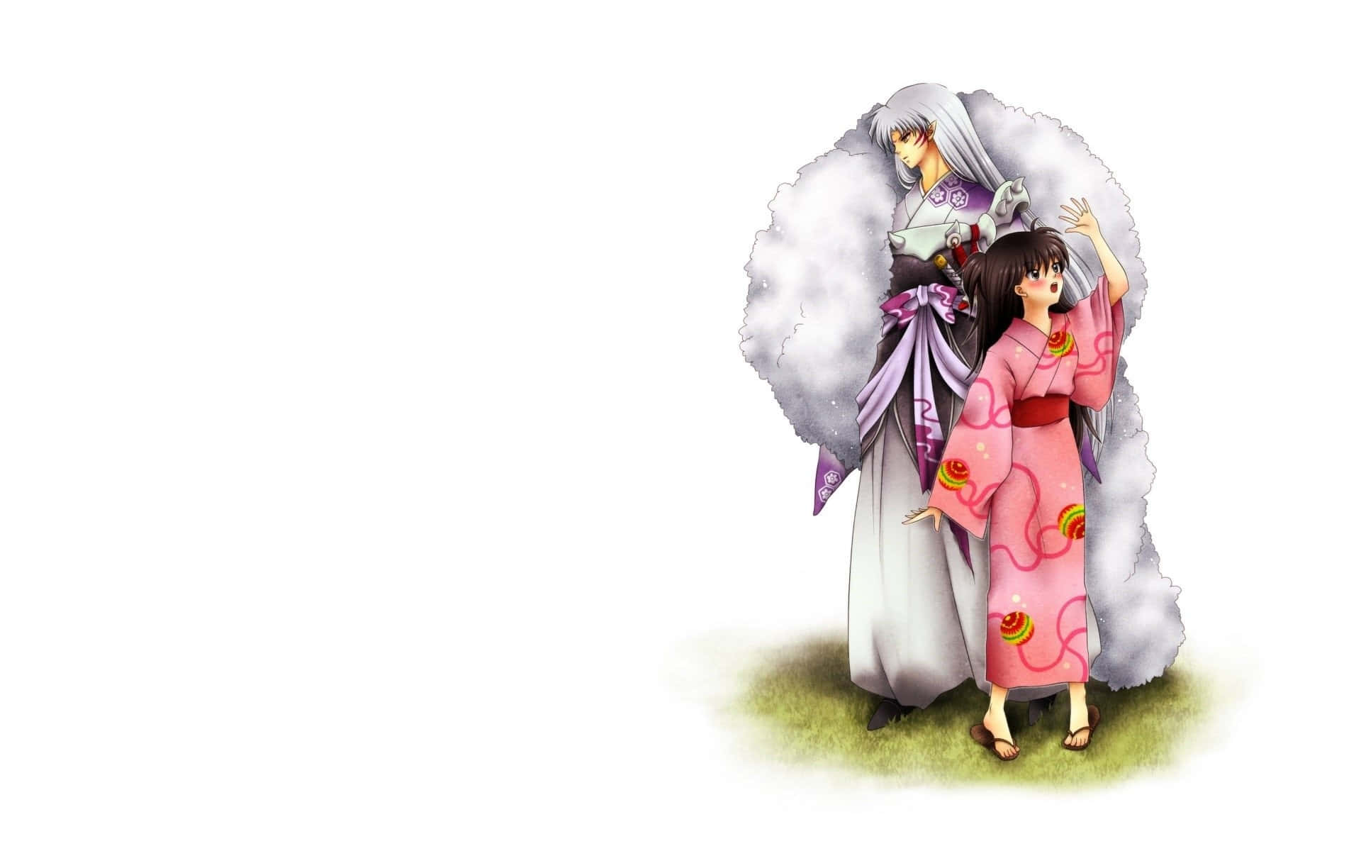 Sesshomaru 桌布 壁紙 — 一個高大的銀髮動漫角色，帶有蓬鬆的白色光環，站在一個穿著粉紅色和服的較矮女孩旁邊的一片草地上。
