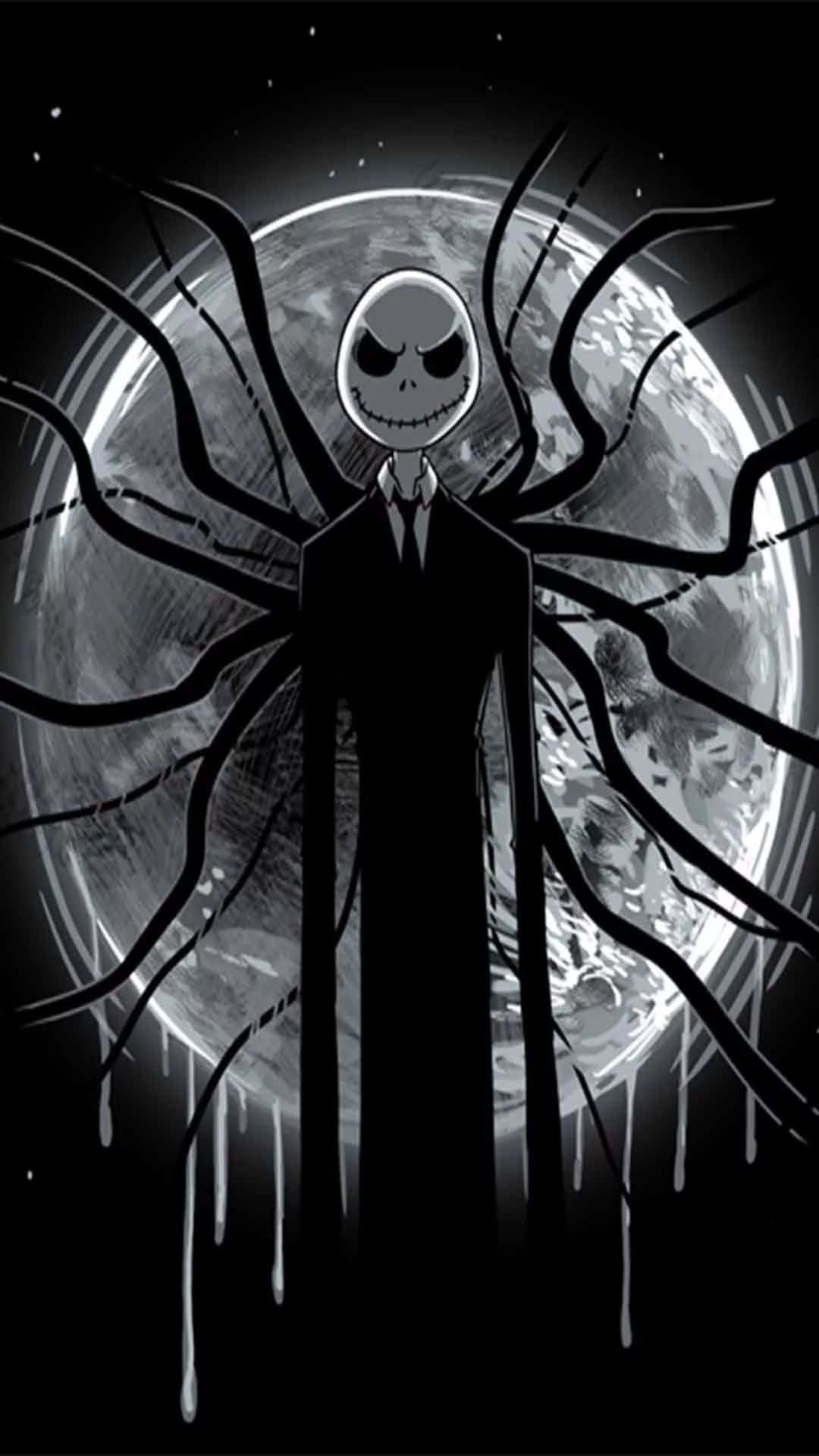 Nightmare Before Christmas Phone 桌布 壁紙 — 一個高大的骷髏人物，帶著縫合的笑容和蜘蛛般的四肢，站在一個裂開的月亮前，呈現出鮮明的黑白插圖。