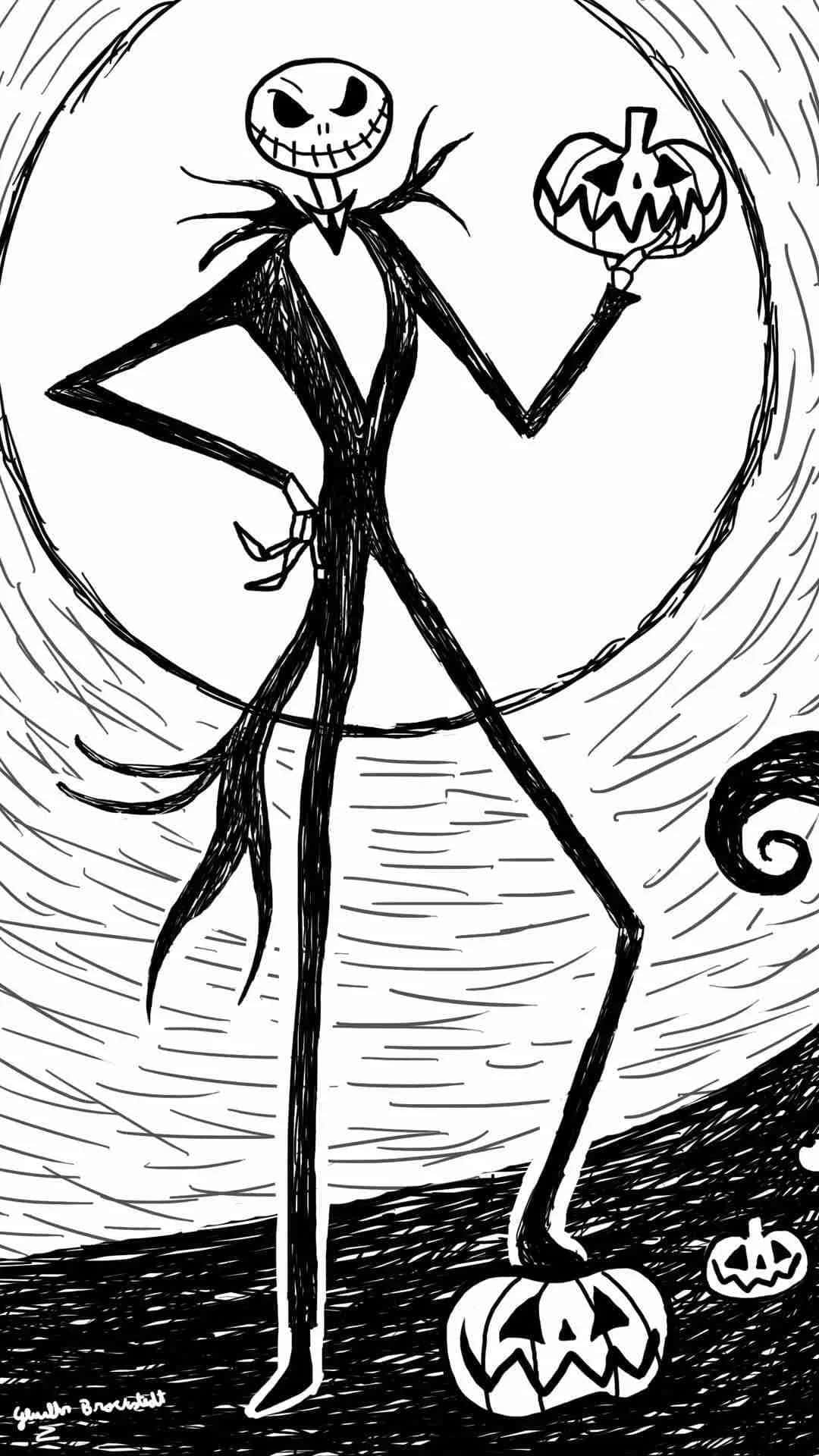Nightmare Before Christmas Phone 桌布 壁紙 — 一個高大的骷髏形狀，頭部是傑克南瓜燈，咧嘴笑著，在旋轉的月光背景下拿著一個雕刻的南瓜。