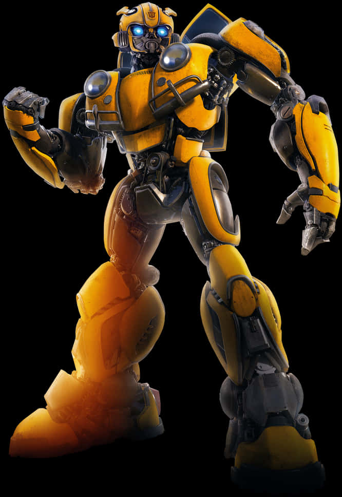 Bumblebee 桌布 壁紙 — 一個高大的黃黑機器人，發光的藍色眼睛，自信地站在黑色背景前。