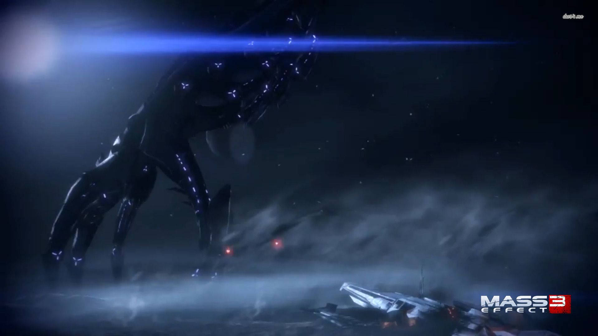 Mass Effect 3 桌布 壁紙 — 一個高大的黑暗外星生物，帶有發光的藍色點綴，籠罩在墜毀的太空船上，背景是迷霧星空的虛無。