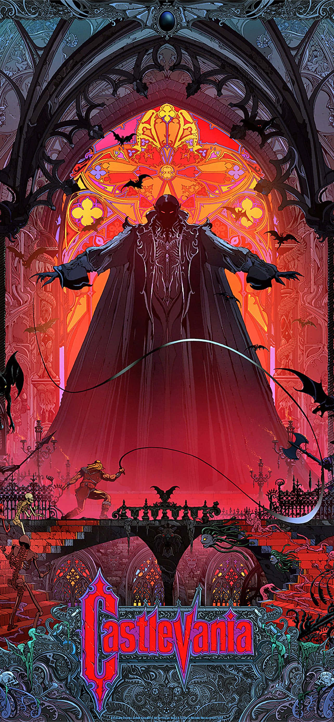 Castlevania 桌布 壁紙 — 一個高大的黑暗身影，披著飄逸的斗篷，站在哥德式大教堂中發光的彩繪玻璃窗前，蝙蝠在周圍飛舞。