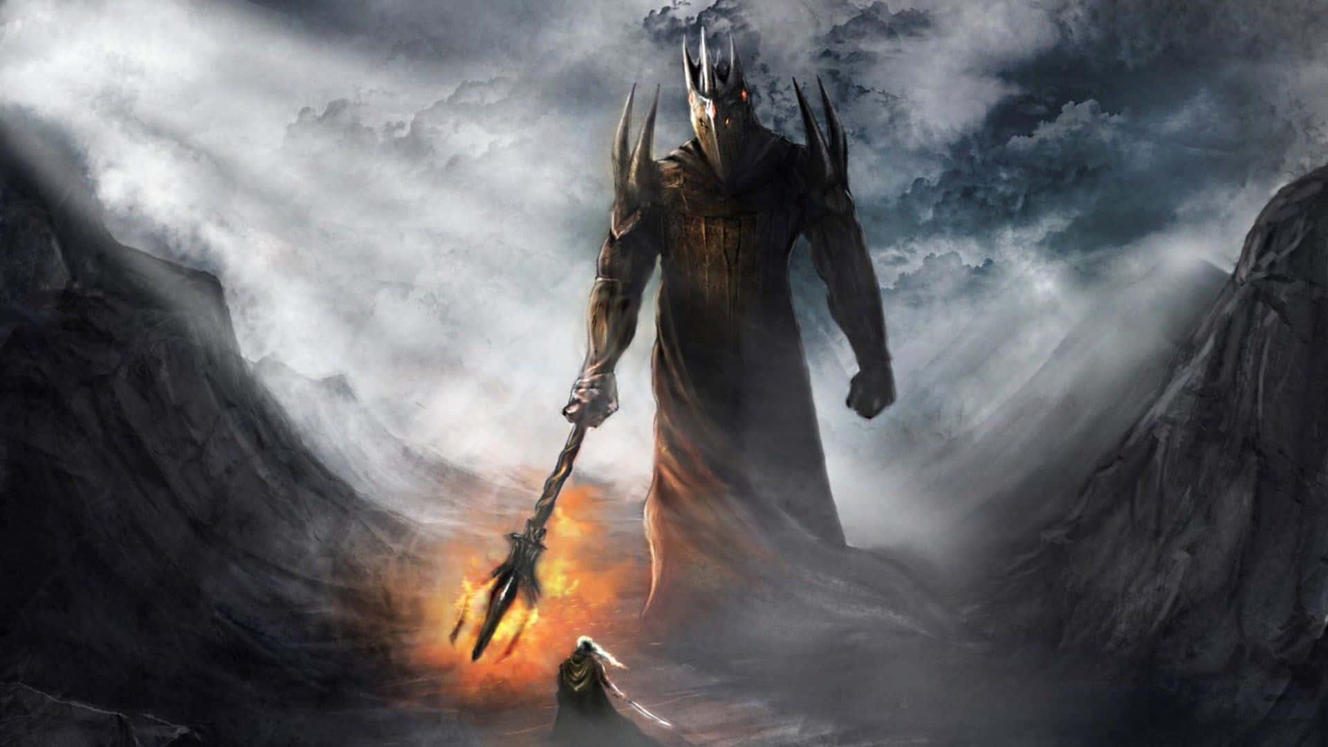 Lotr 桌布 壁紙 — 一個高大的黑暗領主，有著發光的眼睛和尖刺王冠，威嚇地站在一個在暴風雨的山谷中手持火焰武器的小人物之上。