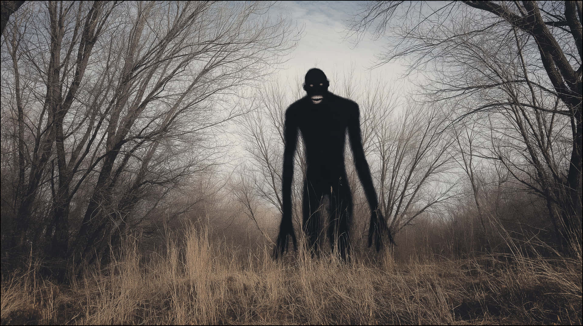 Shadow Figure in Desolate Woods - Eerie Presence and Horror 壁紙 — 一個高大的黑色人形生物，帶著咧嘴笑的面孔，在霧氣瀰漫的乾草田野中威脅性地站立，周圍是光禿禿的樹木。