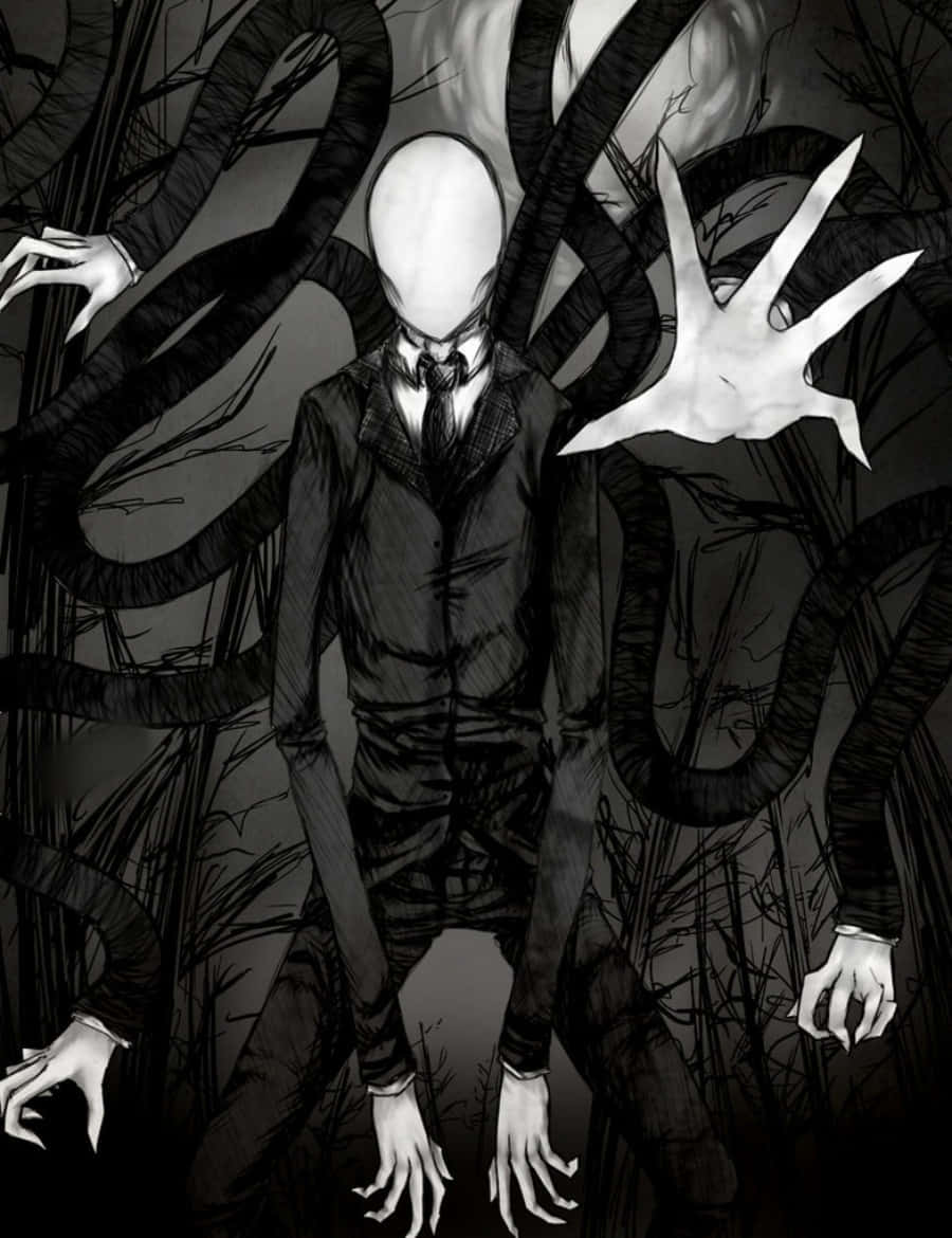 Creepypasta 桌布 壁紙 — 一個高大纖細的身影，有著空白的白色臉孔和多條觸手般的手臂，從黑暗扭曲的樹木中出現，構成單色恐怖場景。