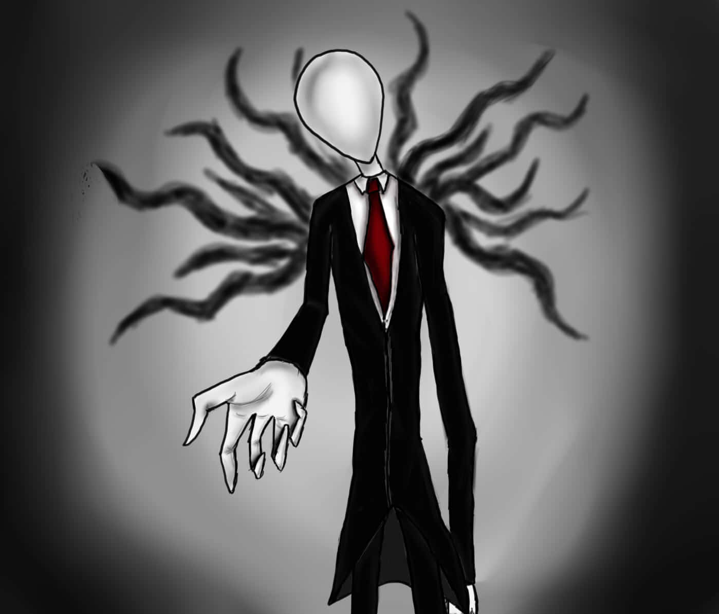 Creepypasta 桌布 壁紙 — 一個高大纖細的身影，身穿黑色西裝和紅色領帶，頭部空白白色，背後散發出黑暗觸手。