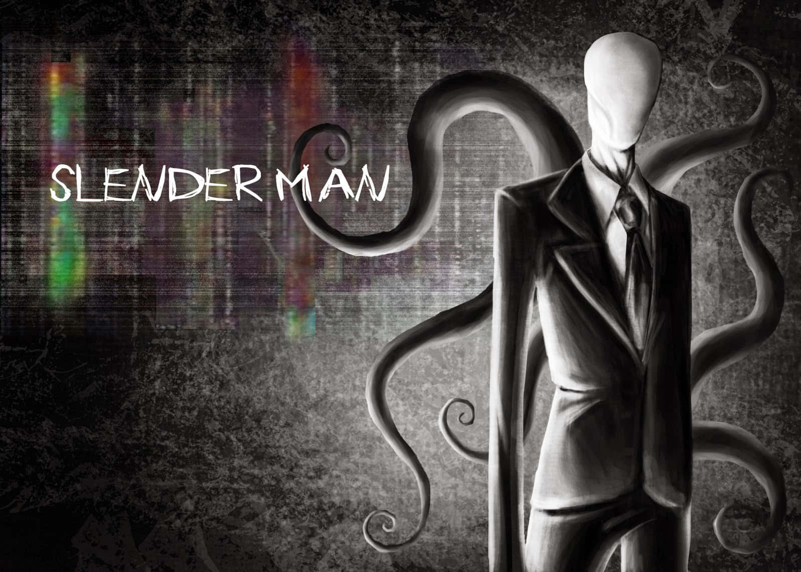 Creepypasta 桌布 壁紙 — 一個高大蒼白、沒有面孔、帶有多條觸手的形體從帶有故障效果的黑暗背景中浮現，旁邊有「SLENDER MAN」字樣發光。