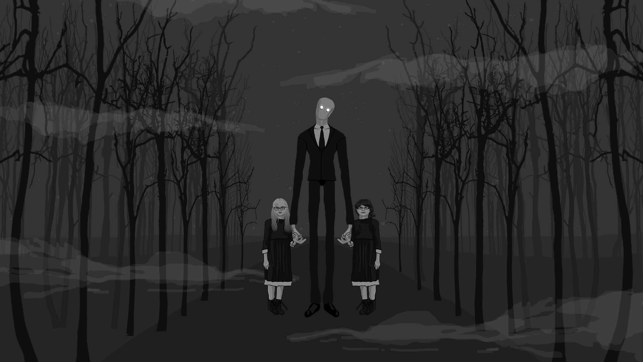 Creepypasta 桌布 壁紙 — 一個高大蒼白、眼睛發光的人物在夜晚黑暗陰森的森林中與兩個孩子手牽手。