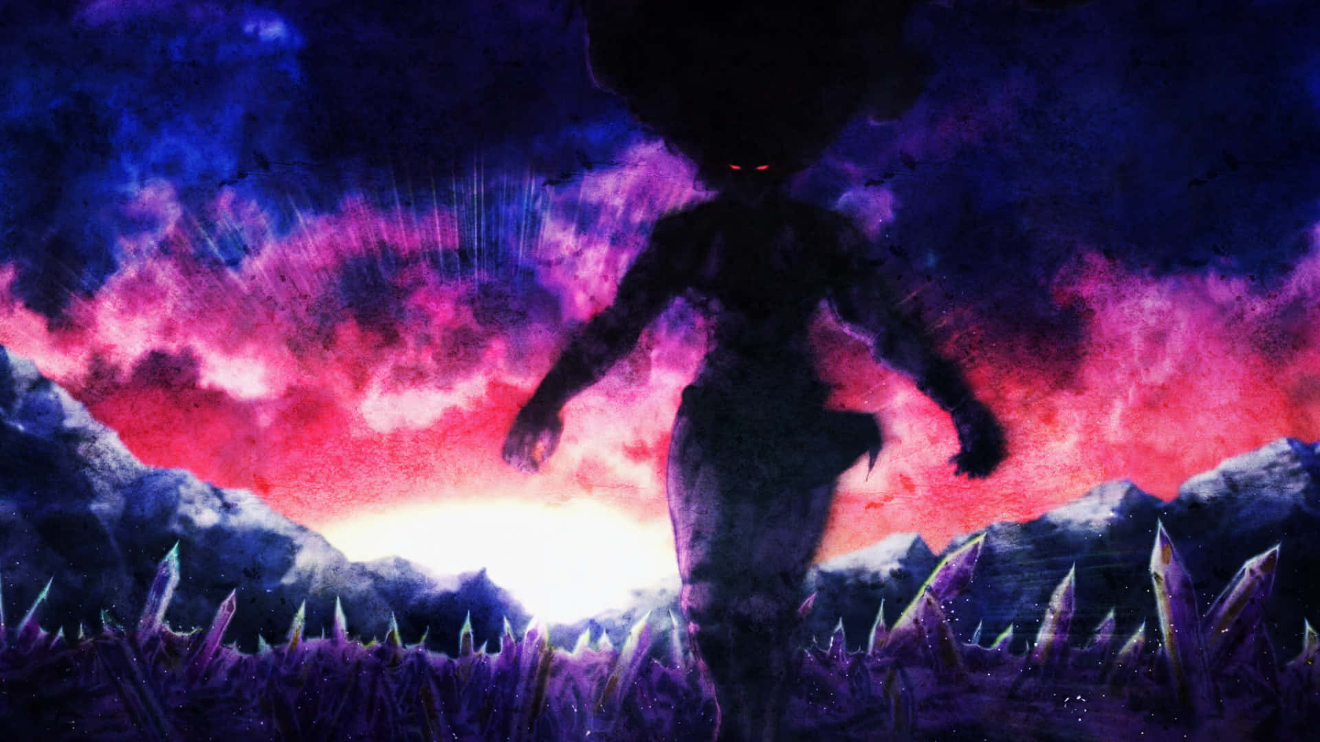 Jojo's Bizarre Adventure Kars 桌布 壁紙 — 一個高大身影的黑暗剪影，有著發光的紅色眼睛，站在鋸齒狀的紫色水晶中，在充滿活力的粉紅色和藍色宇宙天空下。