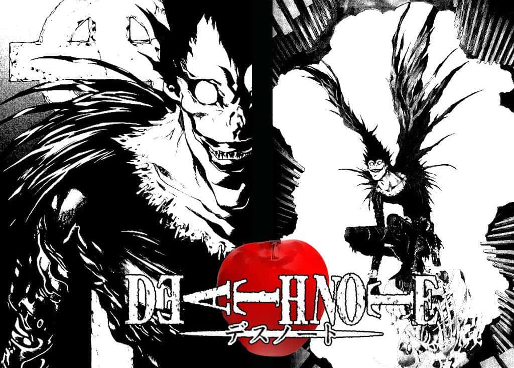 Thriller Anime 桌布 壁紙 — 一個高對比度的漫畫面板，描繪了兩個帶有尖刺頭髮和鋒利牙齒的威脅性動漫角色，一個巨大地聳立，另一個棲息在一個紅蘋果上，標題為Death Note。