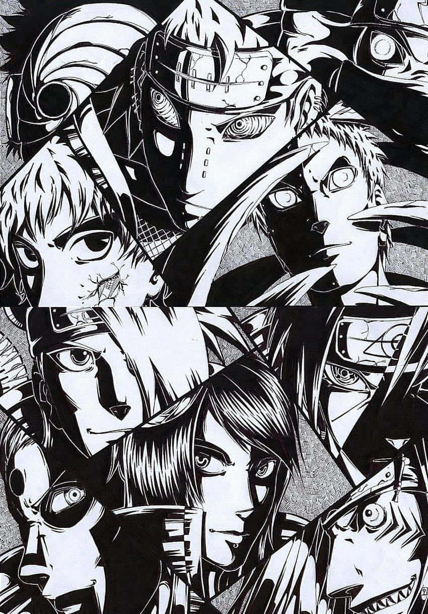 Akatsuki Drawing 桌布 壁紙 — 一個高對比度的黑白漫畫面板，特寫多個動漫角色，線條銳利，表情戲劇化。