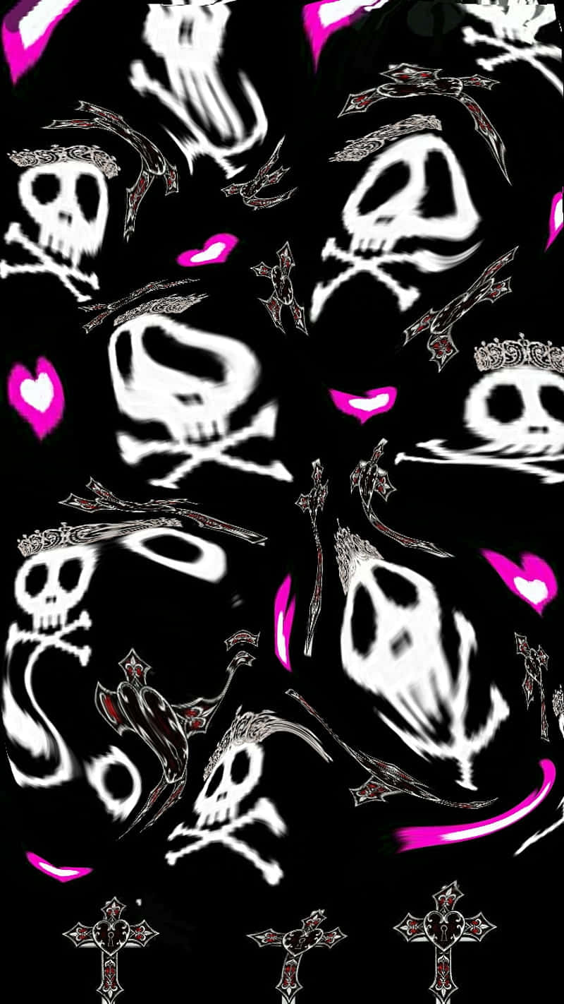 Pink Black And White 桌布 壁紙 — 一個高對比度的黑色背景，充滿了白色骷髏頭、交叉骨頭和粉紅色心形，形成混亂的重複圖案。