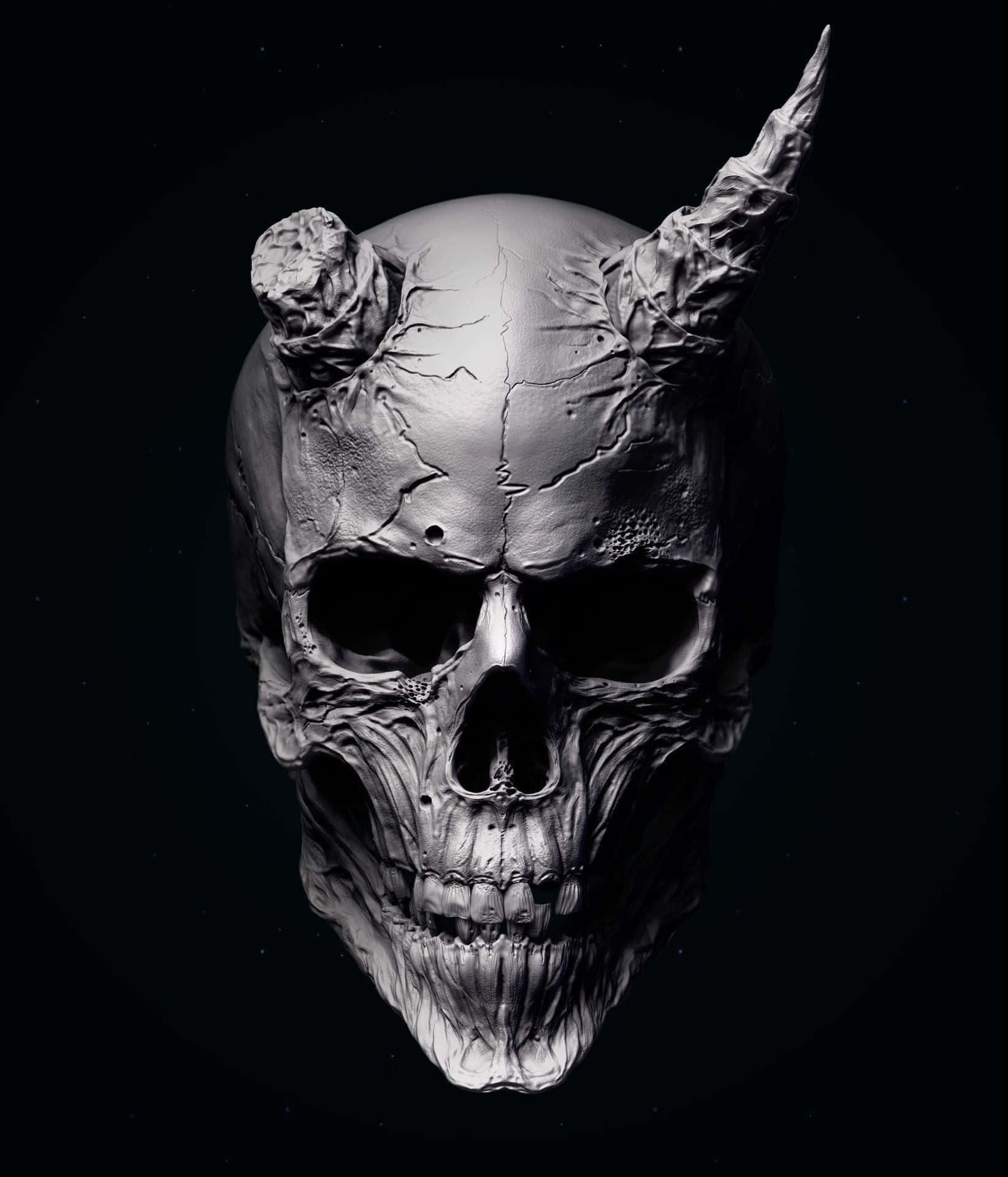 Horror Masks 桌布 壁紙 — 一個高度詳細的惡魔頭骨，帶有裂紋骨質紋理和鋒利的角，漂浮在繁星點點的黑色虛空中。