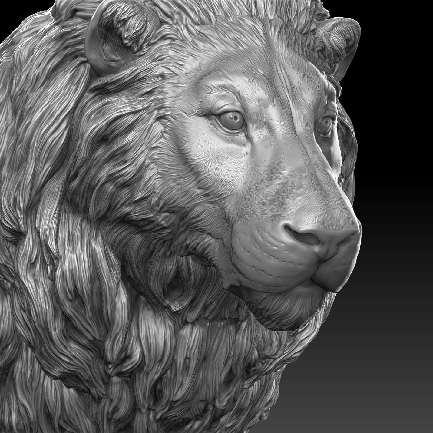 Lion Head 桌布 壁紙 — 一個高度詳細的灰階3D渲染獅子頭雕塑，具有紋理鬃毛和強烈的凝視，背景為深色漸變。