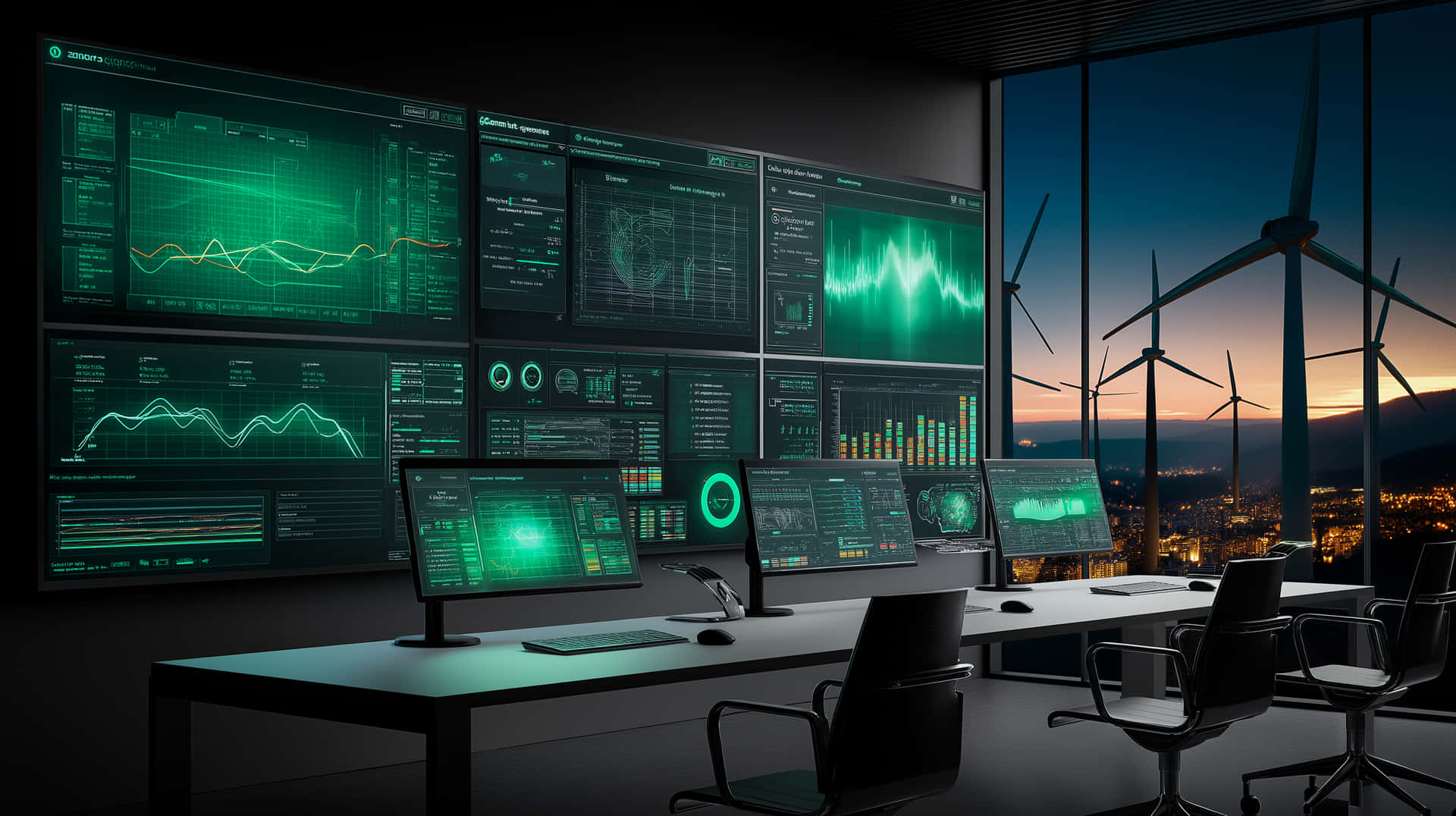 Modern Energy Monitoring Center with Extensive Data Displays 壁紙 — 一個高科技控制室，配備發光的綠色數據螢幕，俯瞰日落時的風力渦輪機。