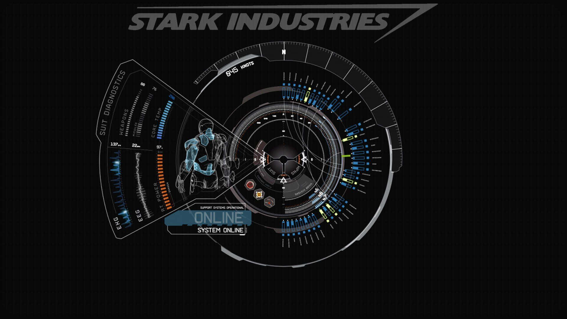 Iron Man Technology 桌布 壁紙 — 一個高科技的史塔克工業HUD在黑色背景上顯示發光藍色全息套裝診斷。