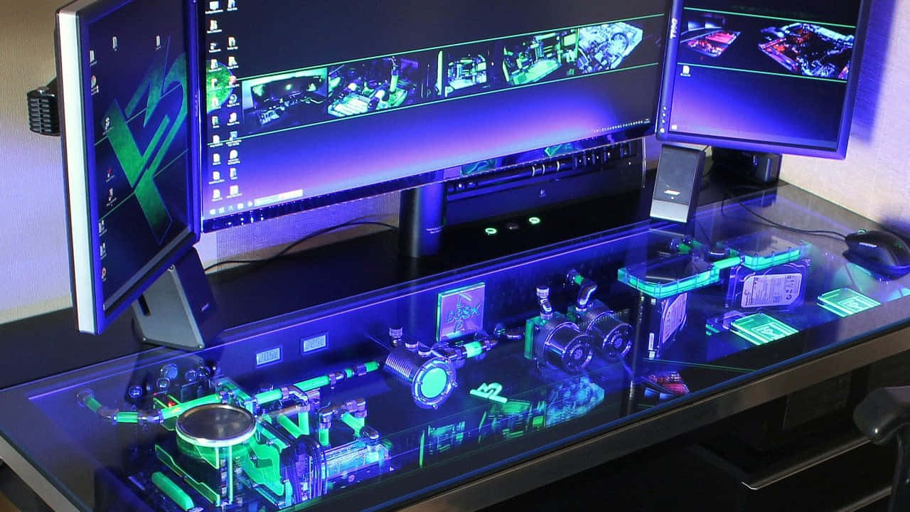 Gaming Pc Setup 桌布 壁紙 — 一個高科技遊戲設置，在多個顯示器下方的透明桌子中嵌入發光的綠色和藍色LED組件。