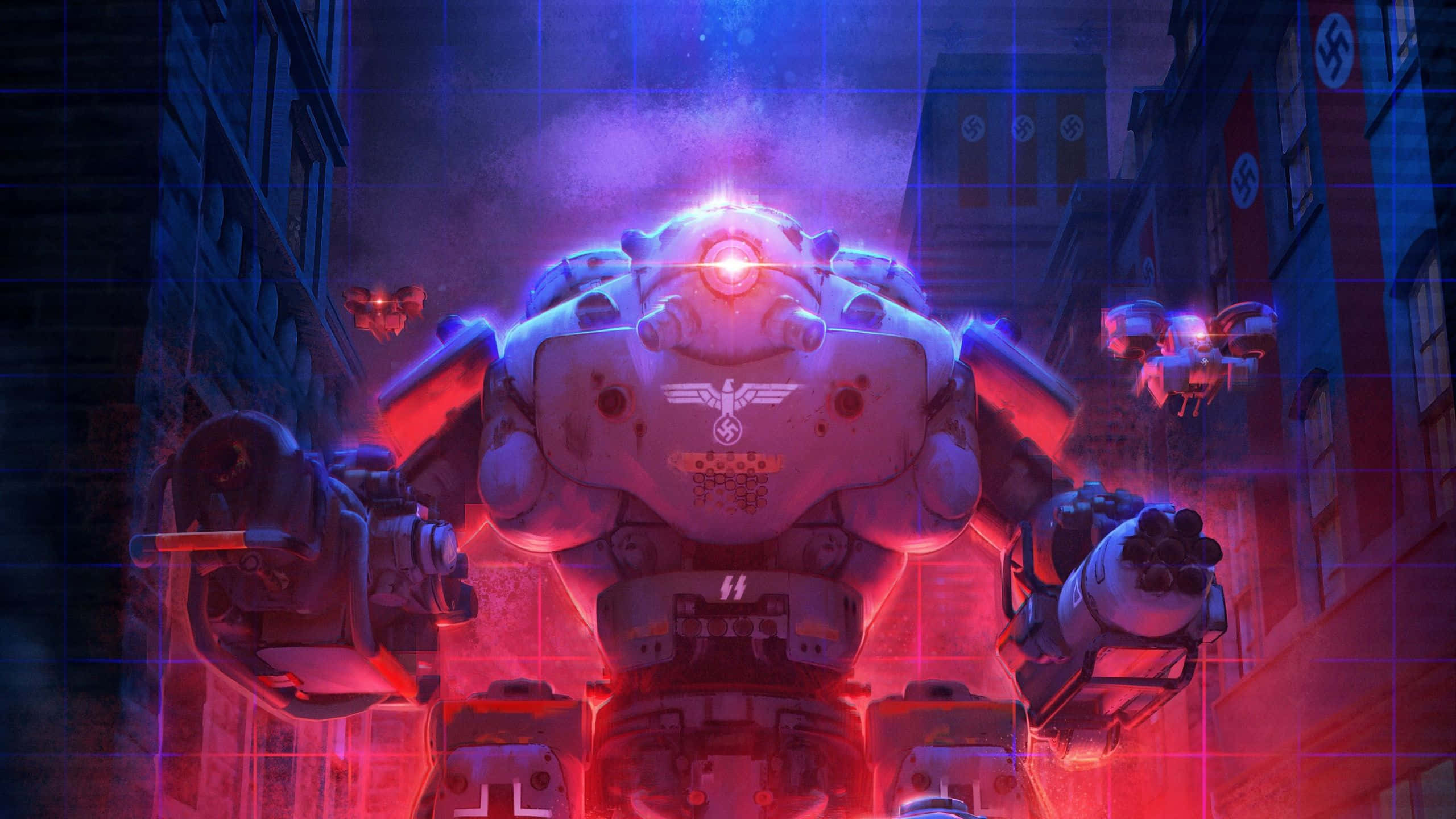 Wolfenstein Ii 桌布 壁紙 — 一個高聳發光的機器人在夜晚主導著一條充滿霓虹燈的 dystopian 城市街道，伴隨著飛行的無人機和不祥的符號。