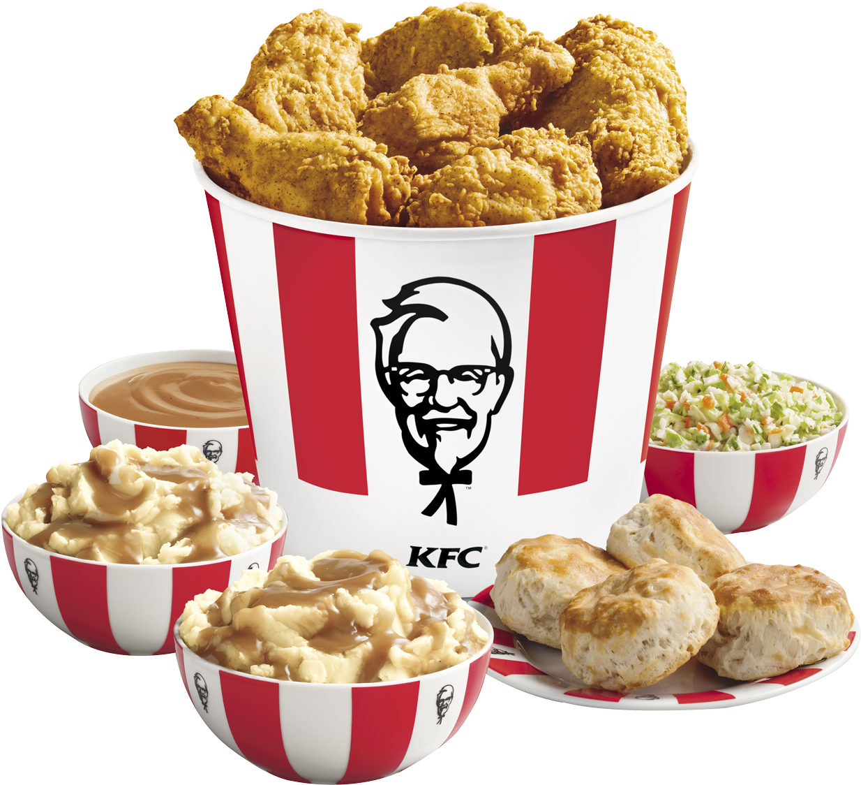 肯德基 桌布 壁紙 — 一個高聳的KFC桶，裝滿了金黃色的炸雞，周圍是馬鈴薯泥、肉汁、餅乾和涼拌高麗菜絲。