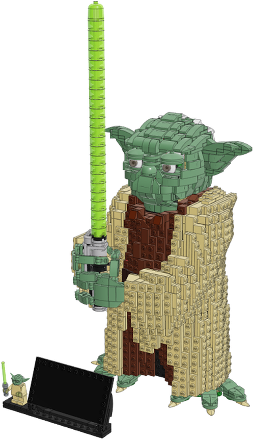 尤達 桌布 壁紙 — 一個高聳的LEGO尤達人偶手持綠色光劍，旁邊有一個小型LEGO尤達迷你人偶和一部黑色筆記型電腦。