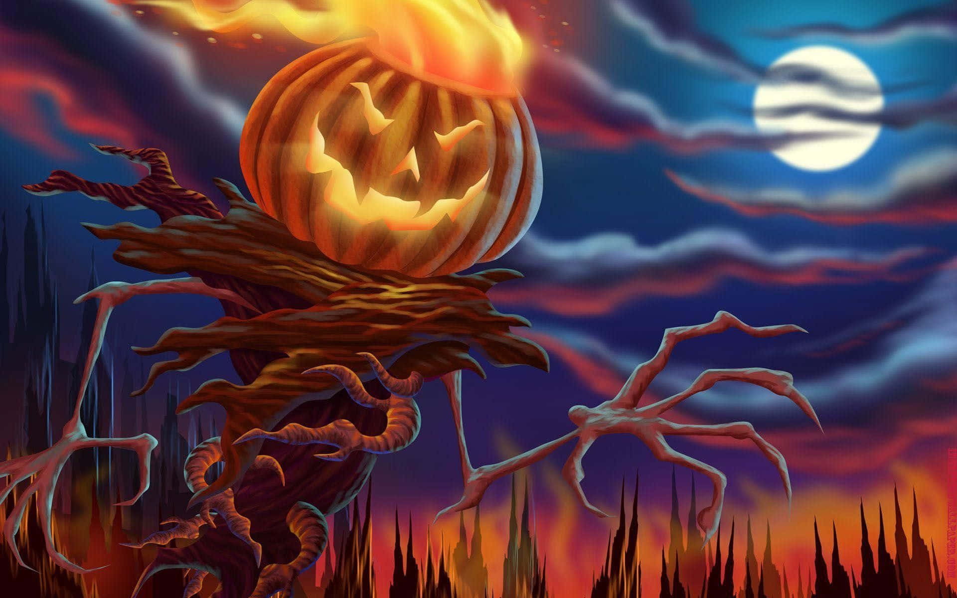 Pumpkin 桌布 壁紙 — 一個高聳的傑克南瓜燈，頂部燃燒，四肢扭曲，在滿月和鋸齒狀剪影的暮色天空中矗立。