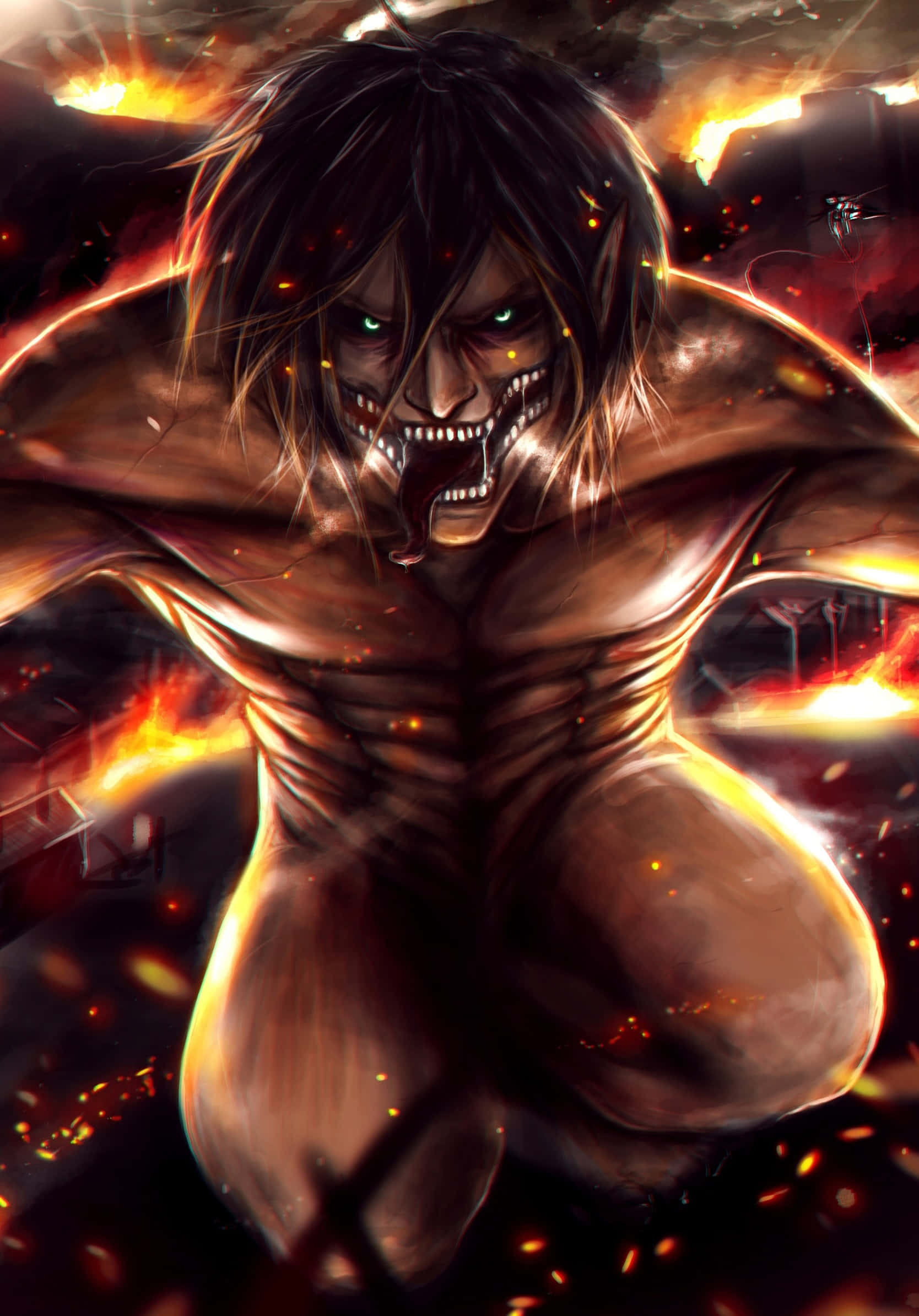 Attack On Titan Titan Eren 桌布 壁紙 — 一個高聳的巨人，擁有發光的綠色眼睛和火花，從黑暗的戰場中爆發出來，形成一幅戲劇性的動畫插圖。