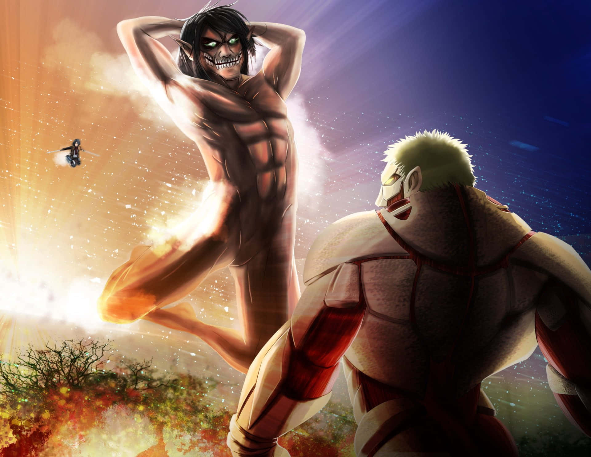 Attack On Titan Season 2 桌布 壁紙 — 一個高聳的巨人，眼睛發光，咧嘴笑著，站在火紅的天空下，一個較小的身影飛過，另一個巨人從下方與他對峙。