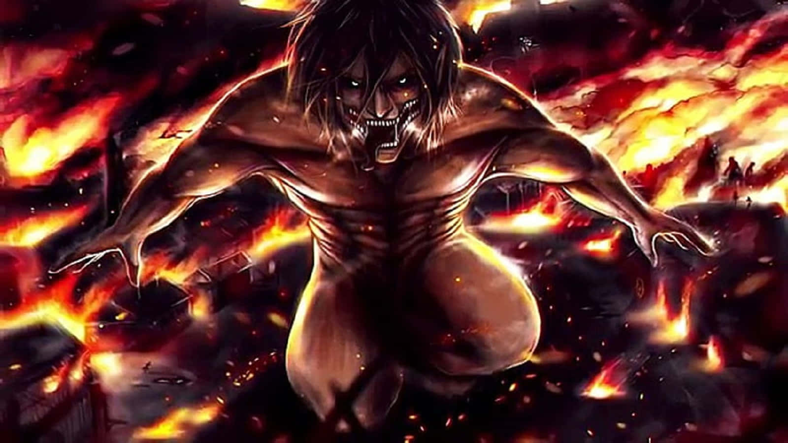 Titan Shifters 桌布 壁紙 — 一個高聳的巨人，眼睛發光，牙齒鋒利，衝過一個燃燒的戰場，周圍有燃燒的碎片和遠處的人物。