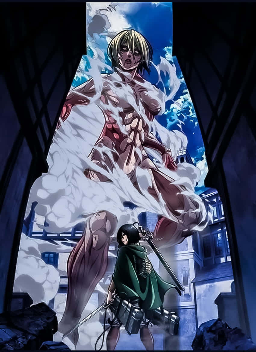 Female Titan 桌布 壁紙 — 一個高聳的巨人，露出肌肉，飄逸的白髮，俯瞰著一個身穿綠色斗篷、在廢墟城市中揮劍的小士兵。