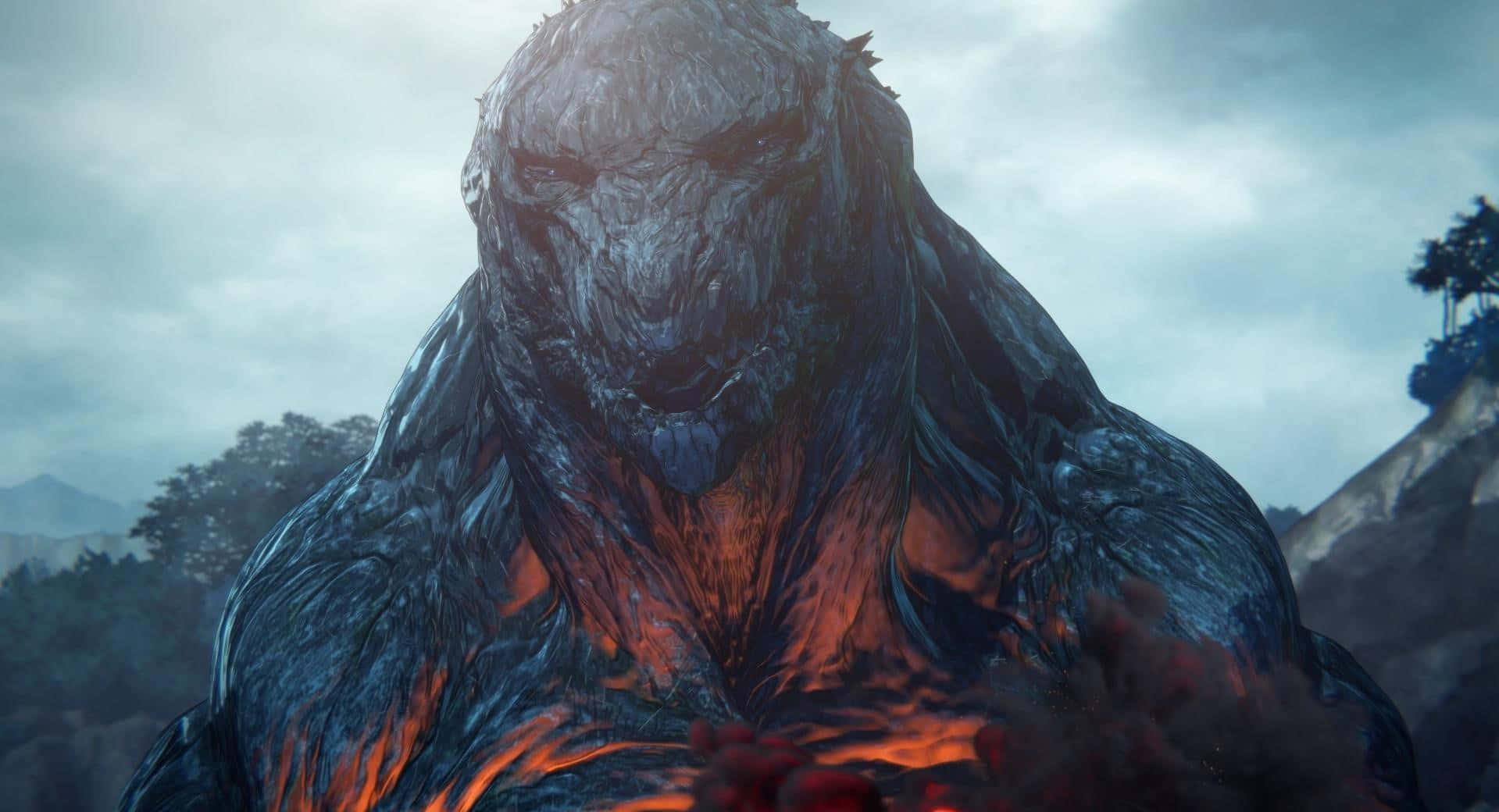 Godzilla Earth 桌布 壁紙 — 一個高聳的怪物，胸前爆發出發光的橙色熔岩狀脈絡，背景是霧氣瀰漫的山脈。