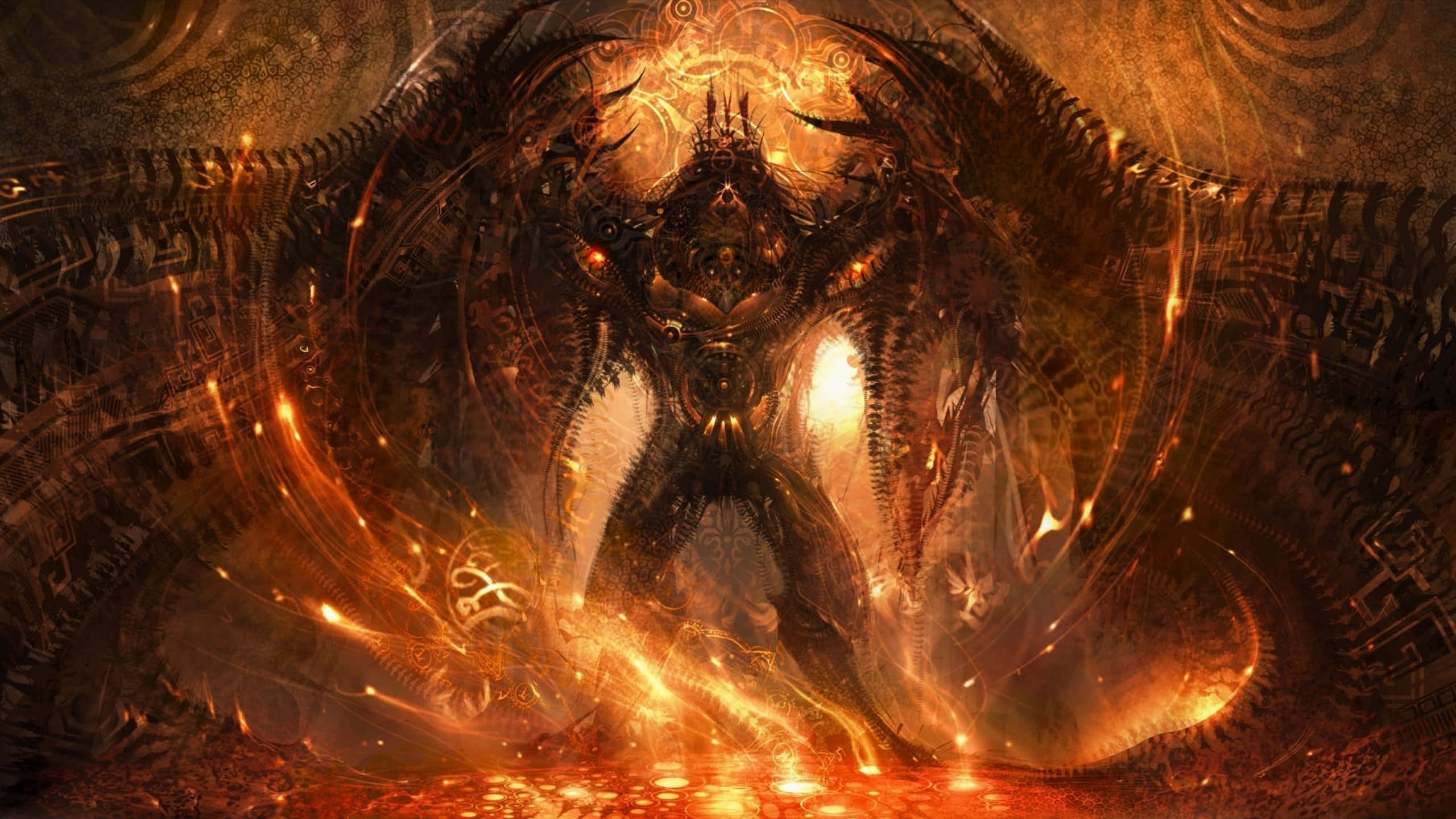 Monster 桌布 壁紙 — 一個高聳的惡魔形象，擁有發光的翅膀和精緻的盔甲，站在旋轉的金色能量和古老符文之中。