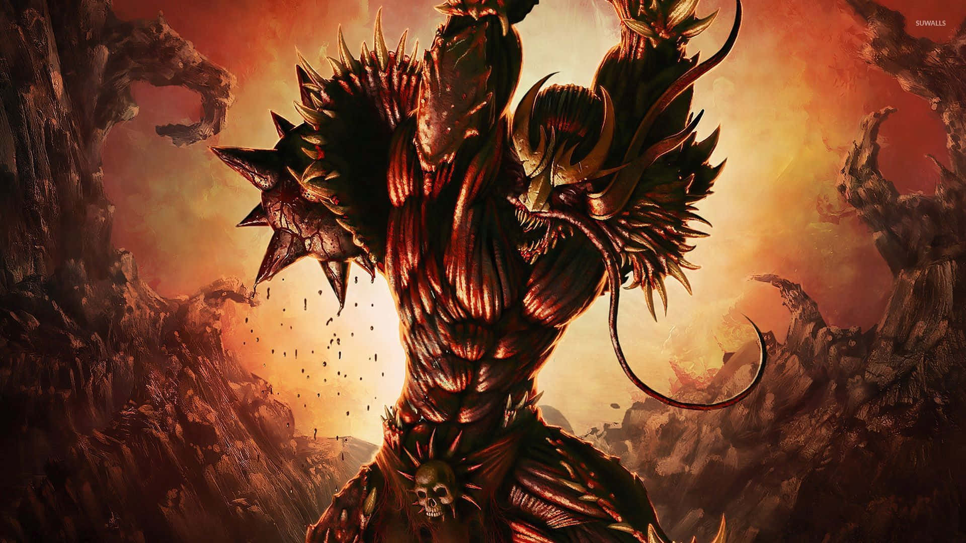 惡魔動圖 桌布 壁紙 — 一個高聳的惡魔形象，身穿尖刺盔甲和骷髏腰帶，挑釁地站在熾熱的橙色和紅色末日天空前。