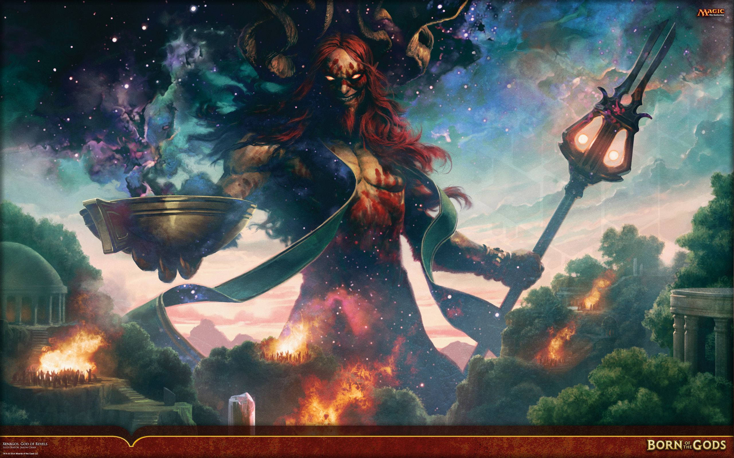 Mtg 桌布 壁紙 — 一個高聳的惡魔般的人物，有著發光的眼睛和紅髮，揮舞著火焰法杖和碗，背景是燃燒廢墟上的宇宙天空。