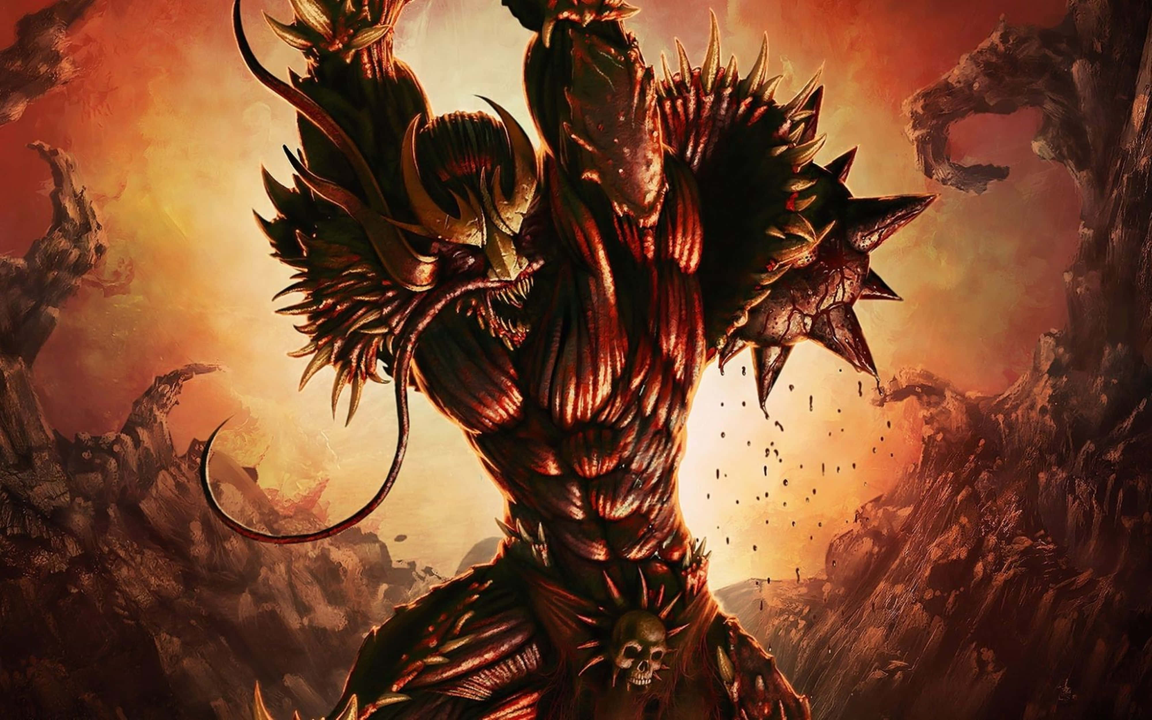 monsters 桌布 壁紙 — 一個高聳的惡魔般的人物，穿著尖刺盔甲，眼睛發光，挑釁地站在熾熱的日落天空前。