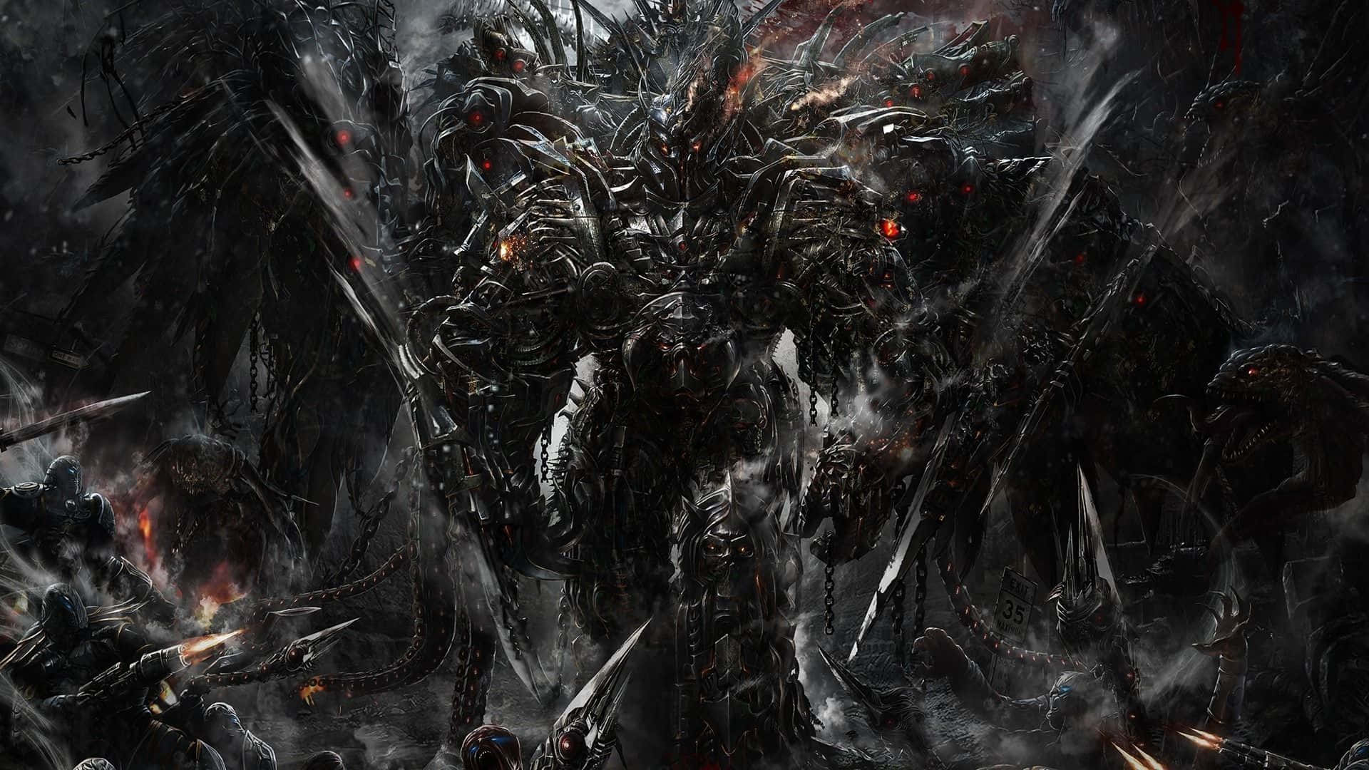 Cool Demon 桌布 壁紙 — 一個高聳的惡魔軍閥，擁有發光的紅眼睛和尖刺盔甲，主宰著一個由陰影戰士和火焰武器組成的混亂戰場。