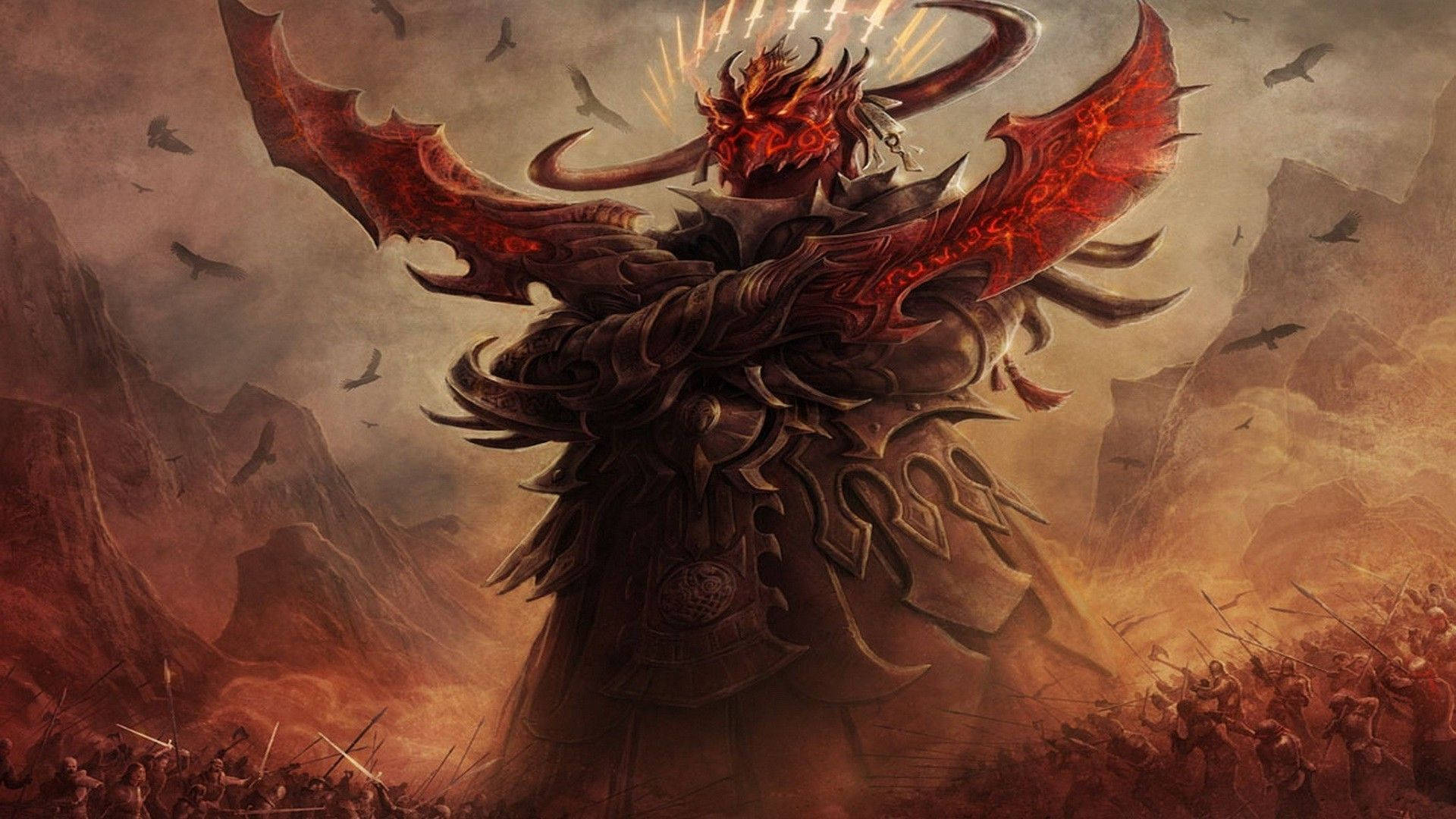 魔法風雲會 桌布 壁紙 — 一個高聳的惡魔軍閥，擁有發光的紅色翅膀和角，站在士兵的戰場上，背景是火熱的山地景觀。