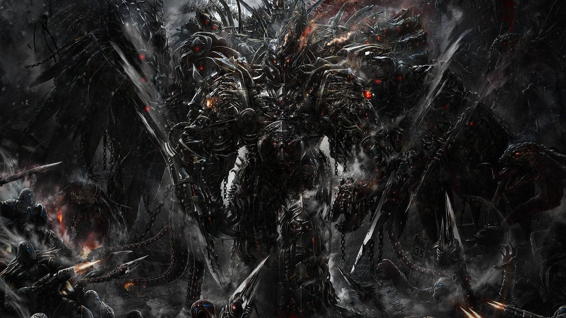 惡魔動圖 桌布 壁紙 — 一個高聳的惡魔軍閥，擁有發光的紅色眼睛和尖刺盔甲，站在一個由墮落戰士和旋轉黑煙組成的混亂戰場中。