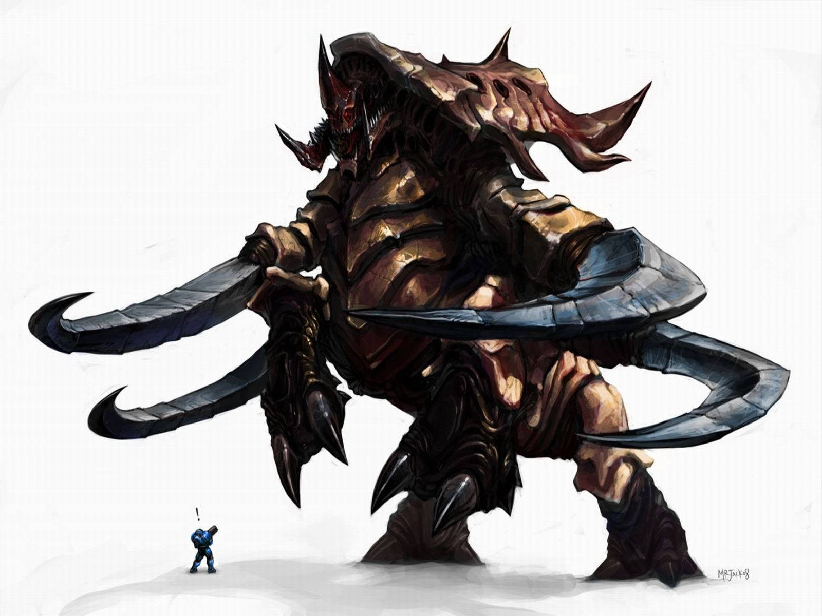 Starcraft 2 桌布 壁紙 — 一個高聳的惡魔軍閥，身穿尖刺盔甲，手持巨大彎刀，籠罩著一個小小的裝甲戰士。